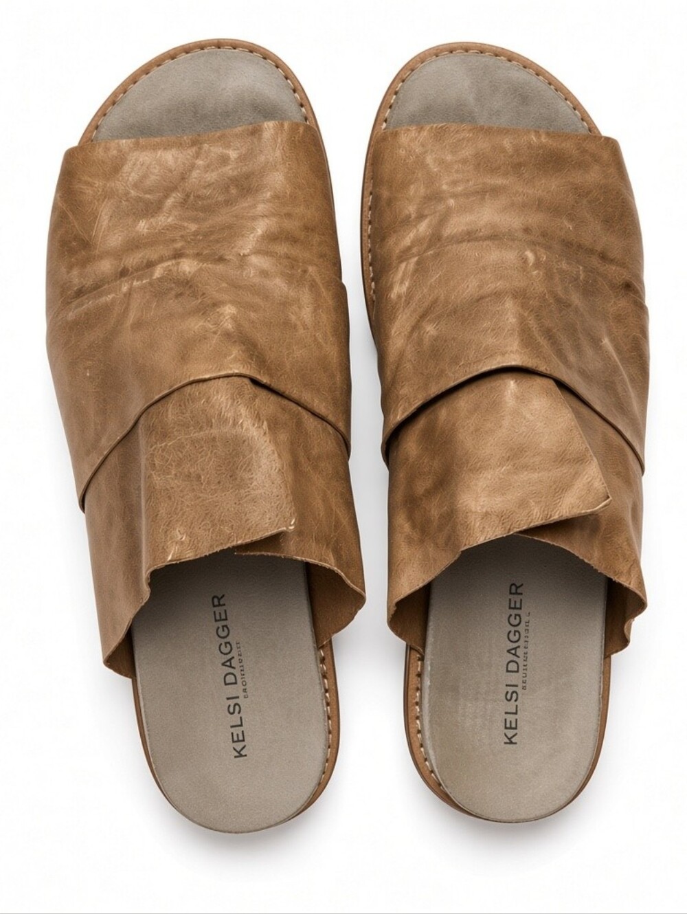 Kelsi Dagger Distressed Brown Leather Slide Sandals